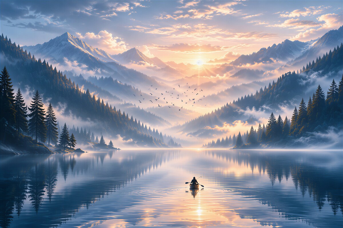 Papier peint montagnes au-dessus du lac au lever du soleil avec de la brume