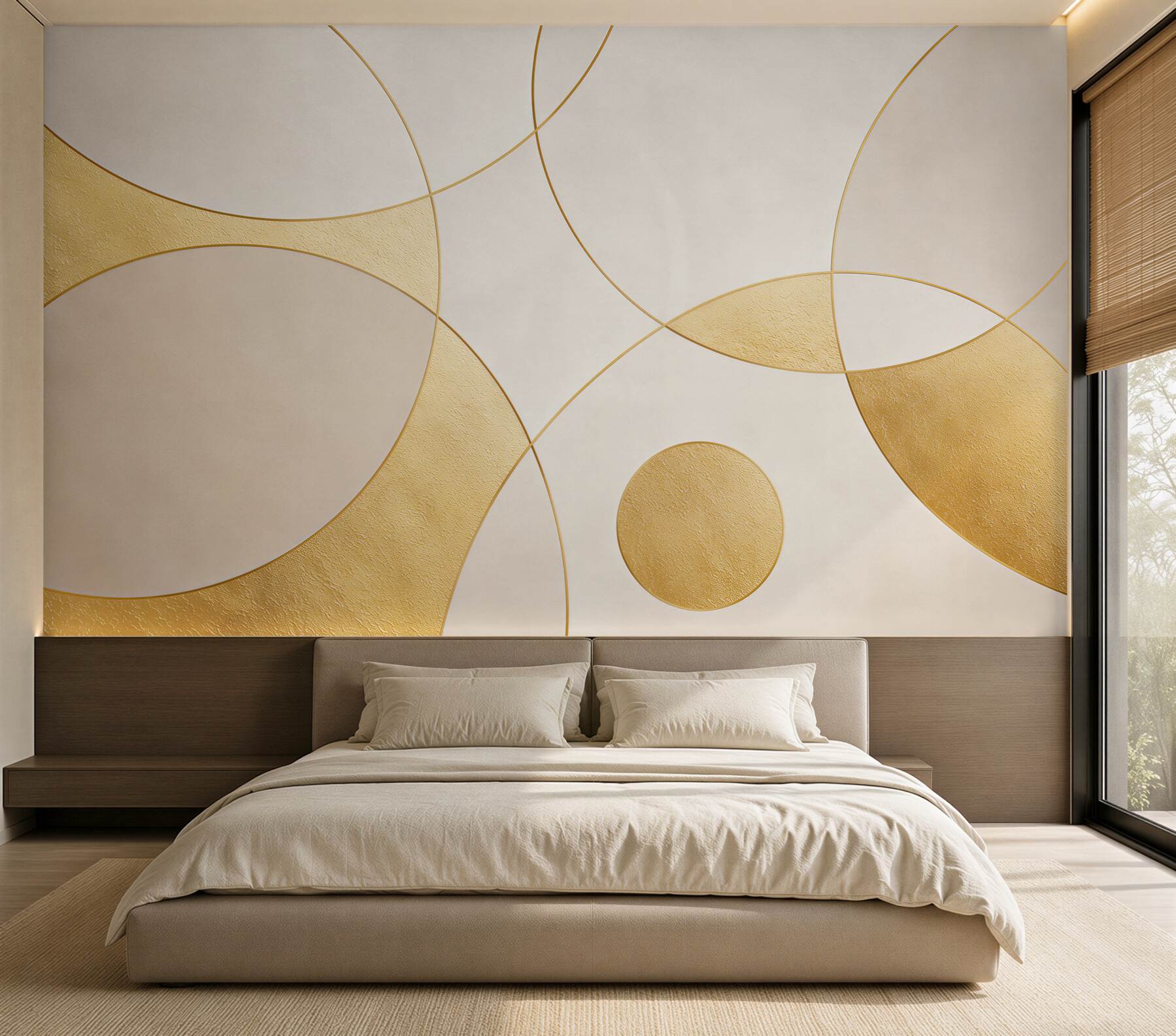Papier peint cercles géométriques dorés sur fond crème élégant et moderne