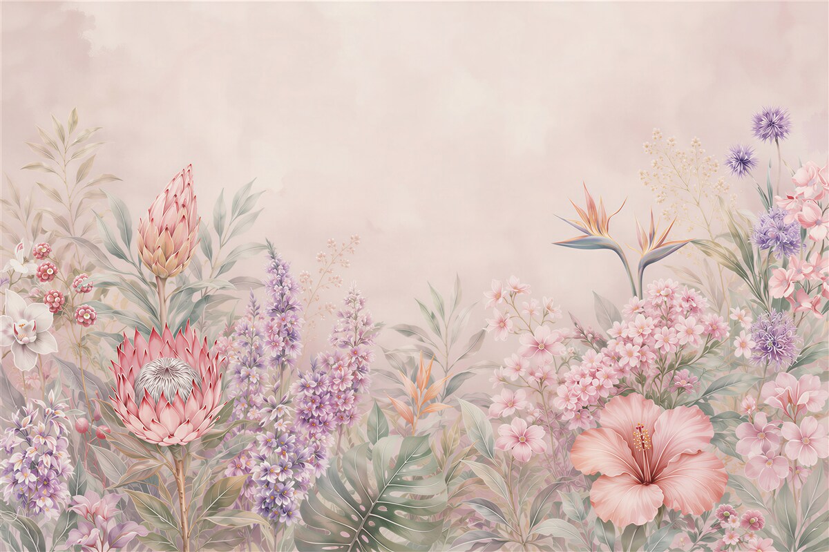 Papier peint fleurs pastel exotiques sur fond beige romantique