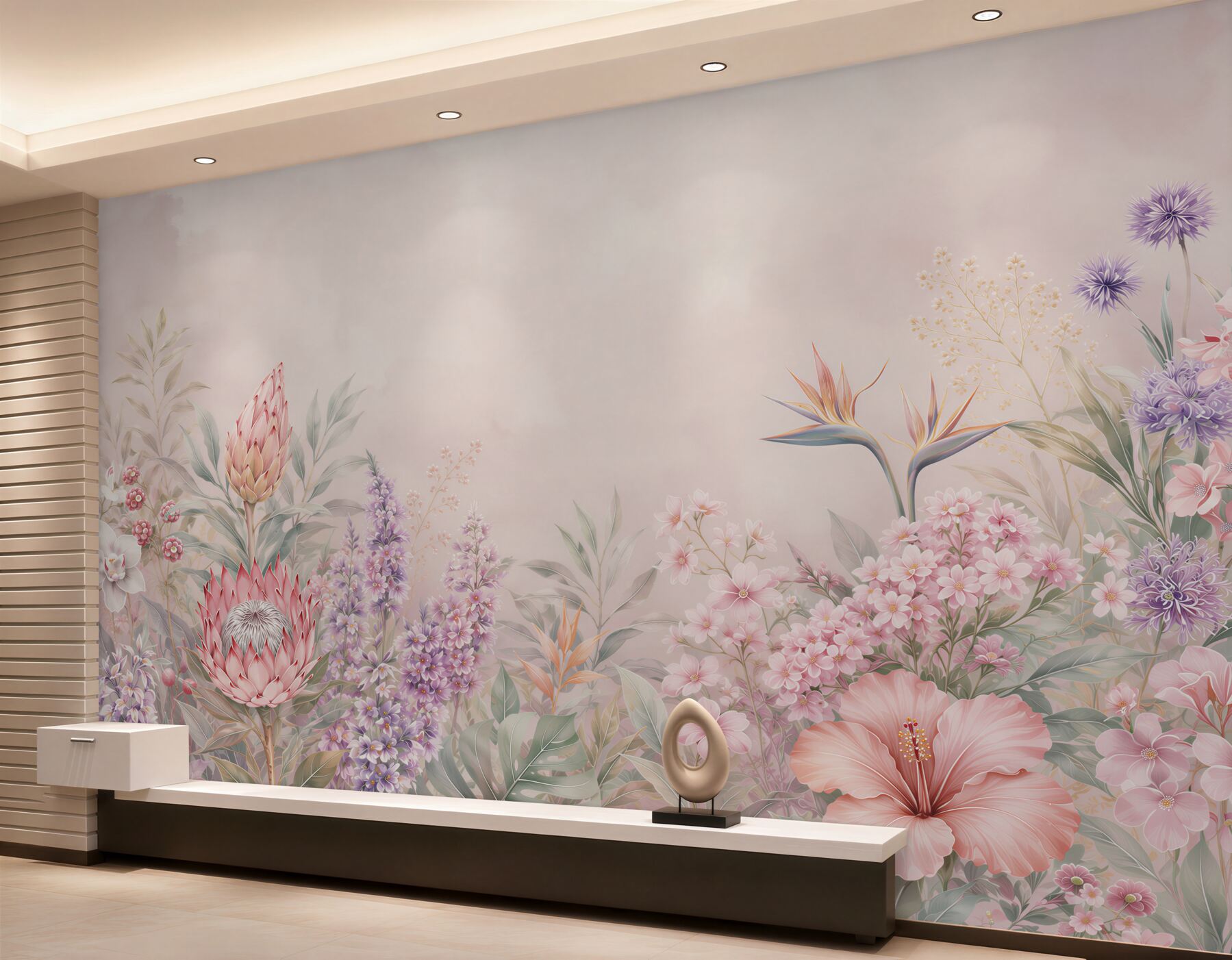 Papier peint fleurs pastel exotiques sur fond beige romantique