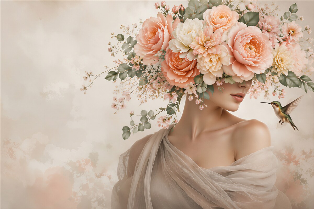 Papier peint femme dans les fleurs avec un colibri pastel pour la chambre