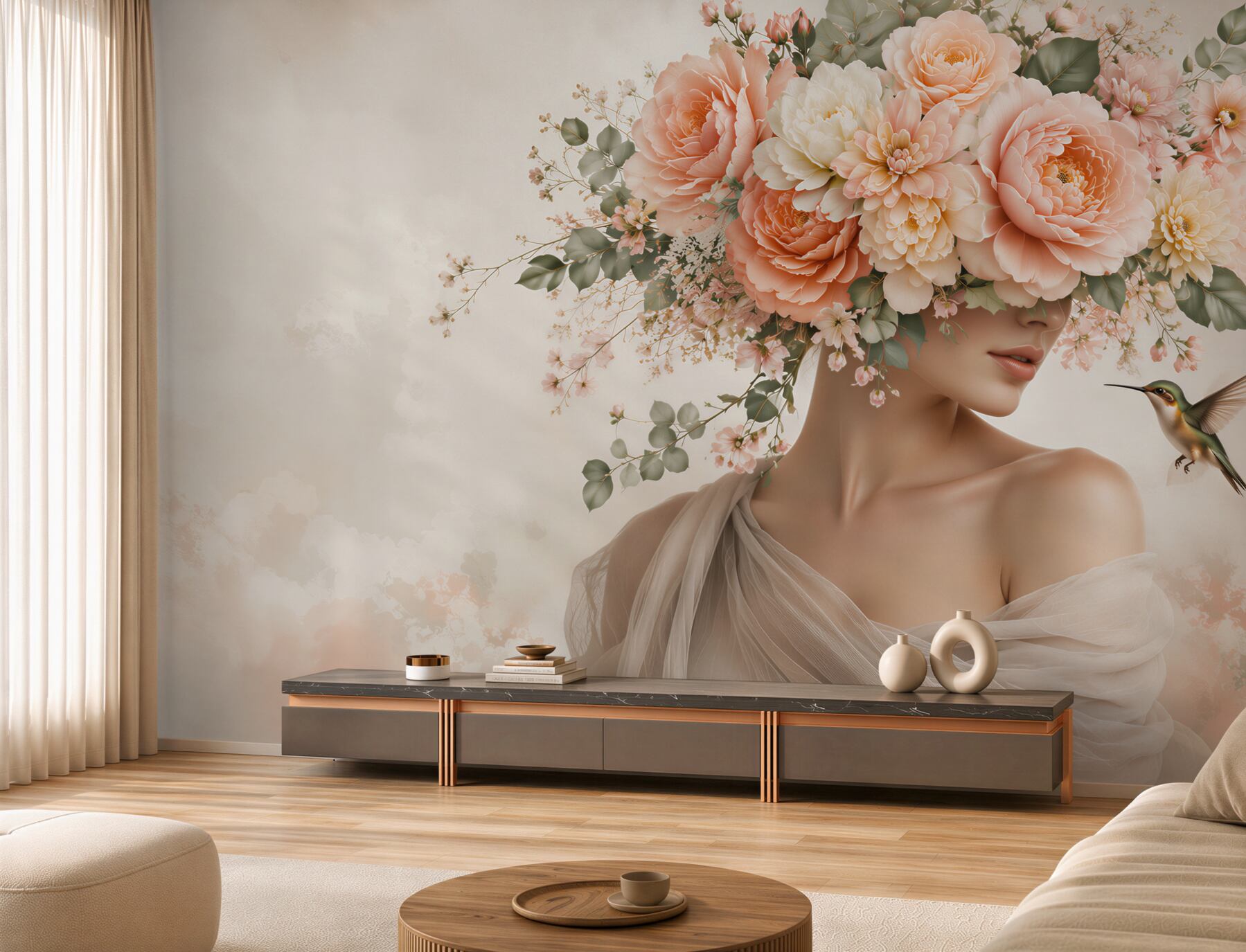 Papier peint femme dans les fleurs avec un colibri pastel pour la chambre
