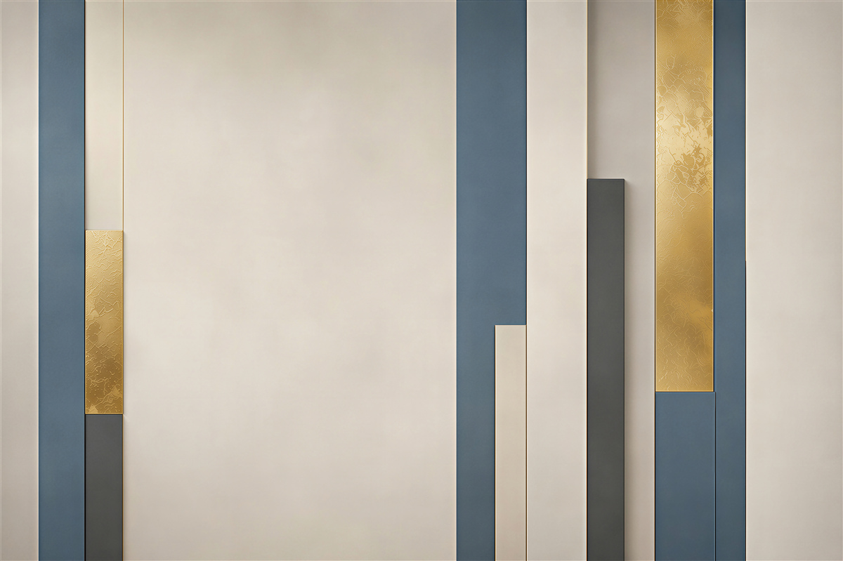 Papier peint panneaux géométriques verticaux bleu marine et or moderne pour le salon