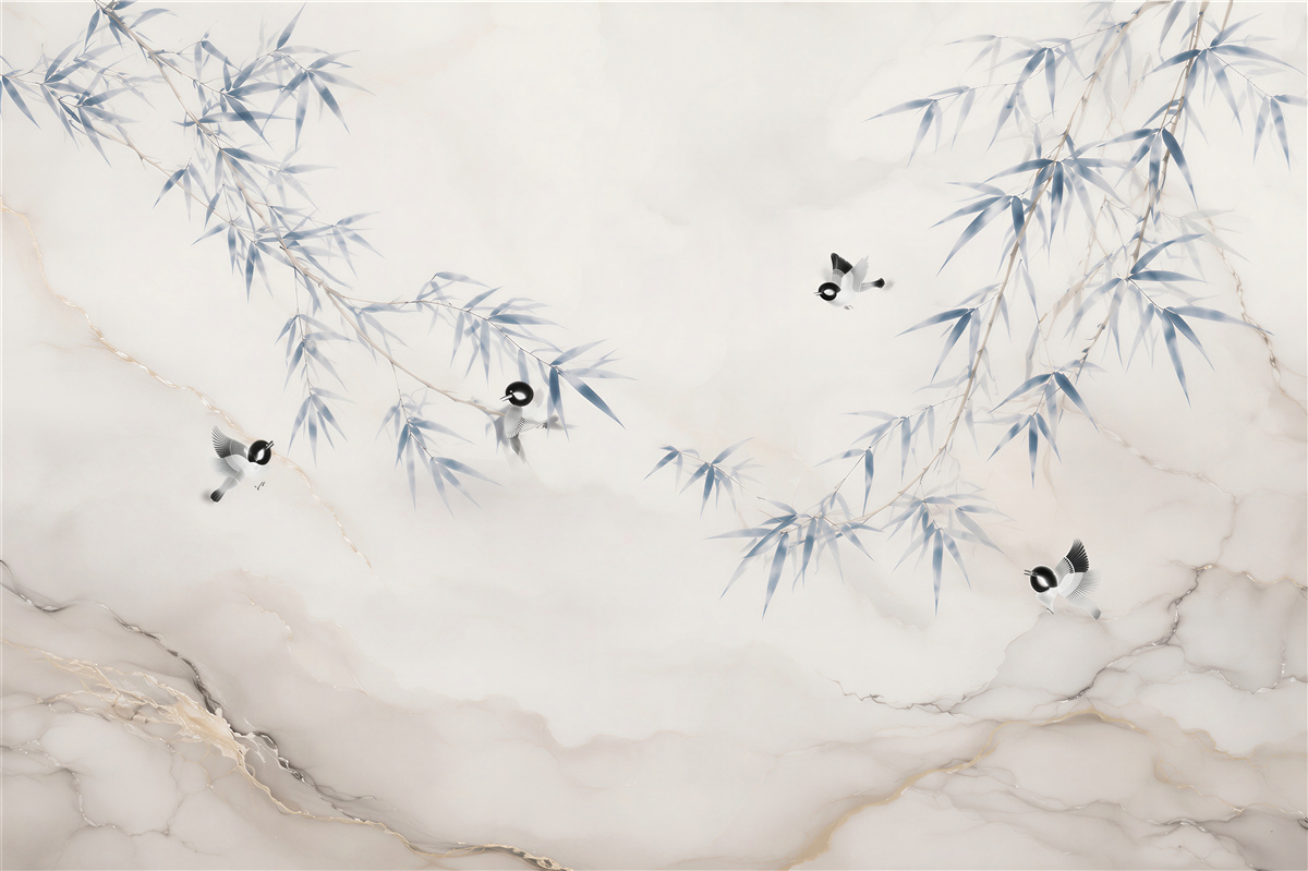 Papier peint branches de bambou avec des oiseaux sur fond marbré oriental beige-bleu
