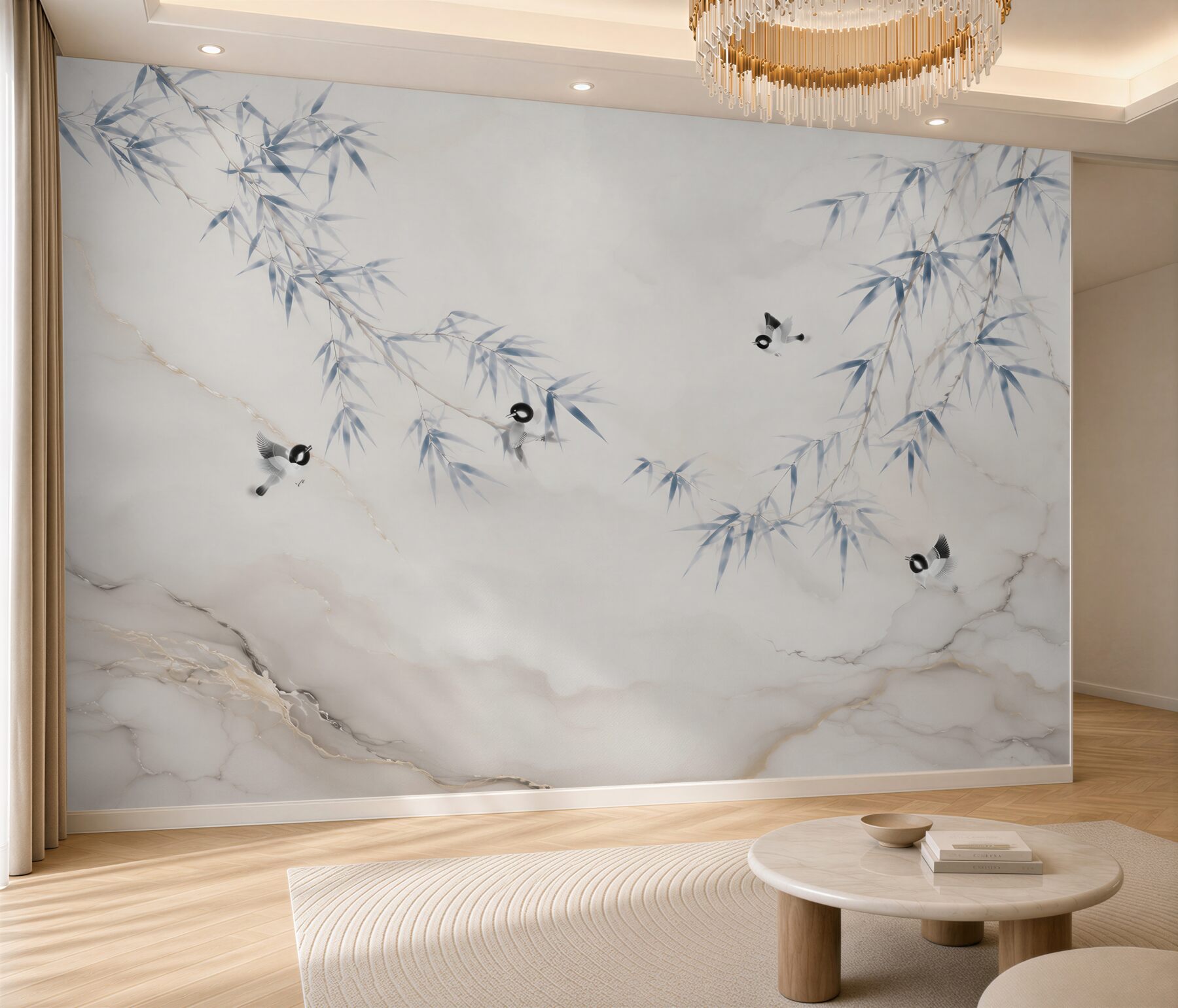 Papier peint branches de bambou avec des oiseaux sur fond marbré oriental beige-bleu