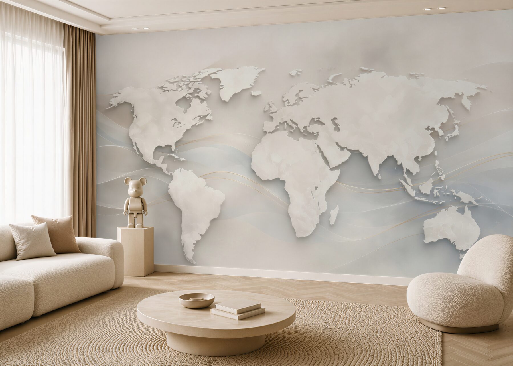 Papier peint carte du monde beige moderne 3D pour un bureau et un salon