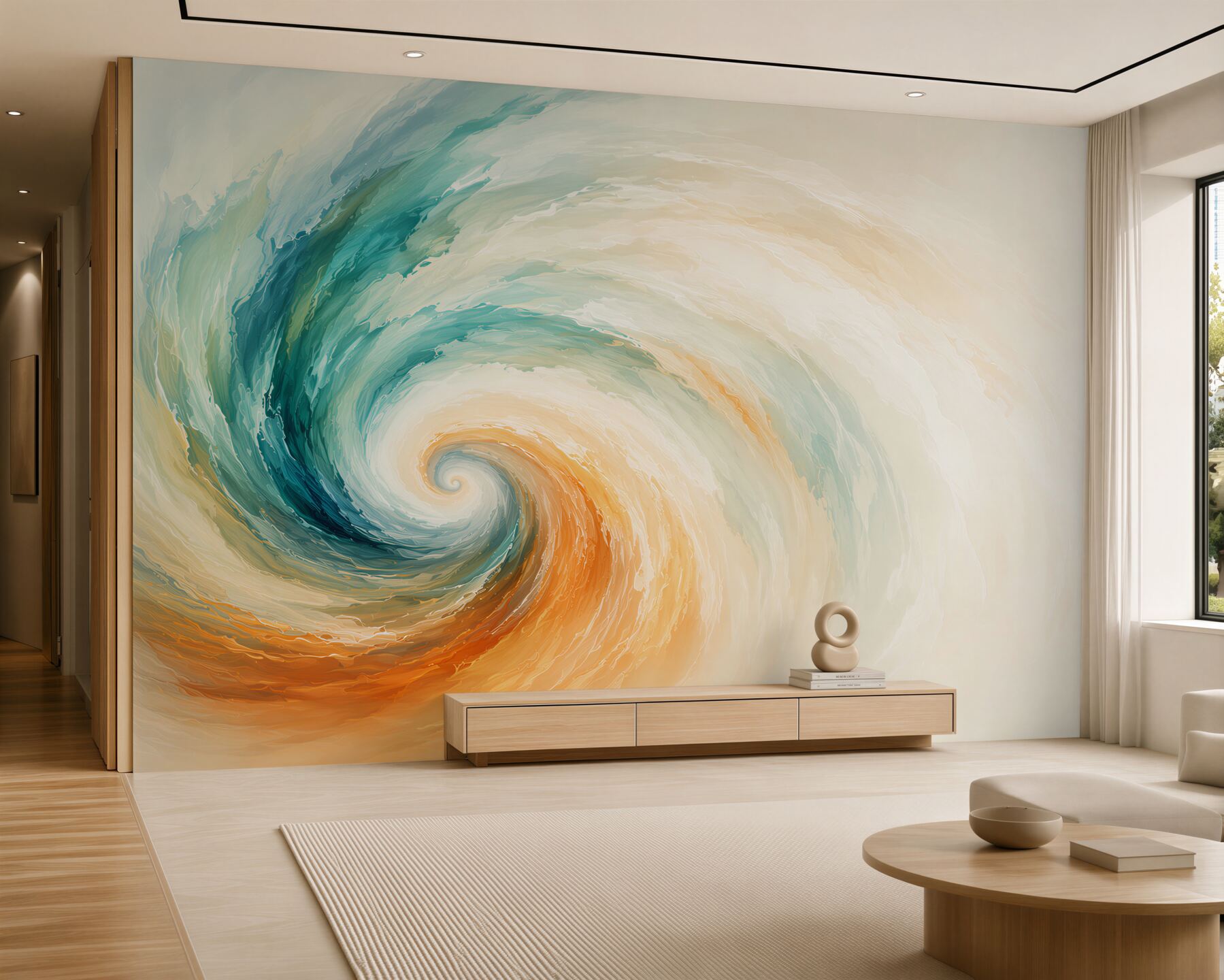 Papier peint vague abstraite turquoise et orange moderne pour le salon