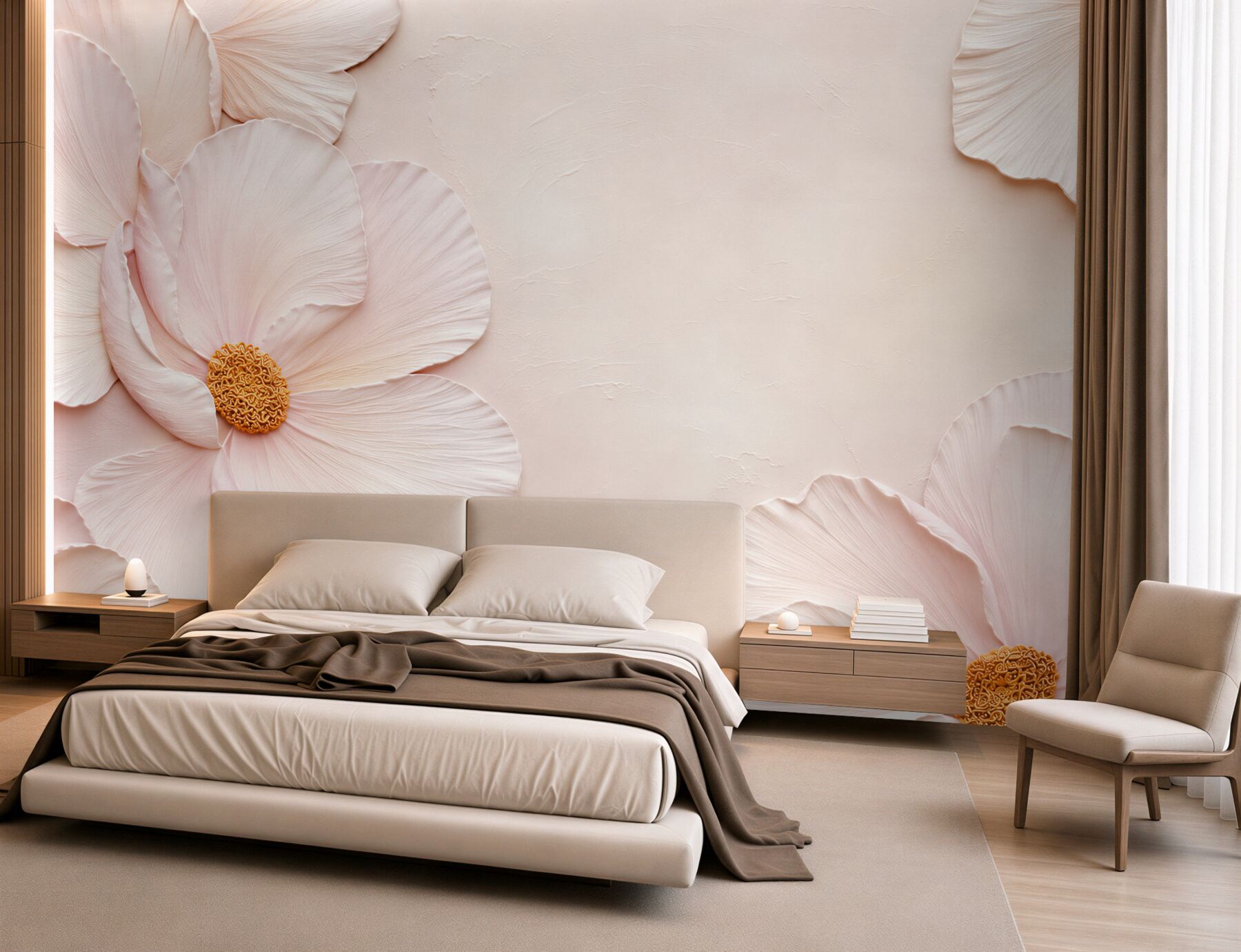 Papier peint grandes fleurs rose poudré en 3D élégantes