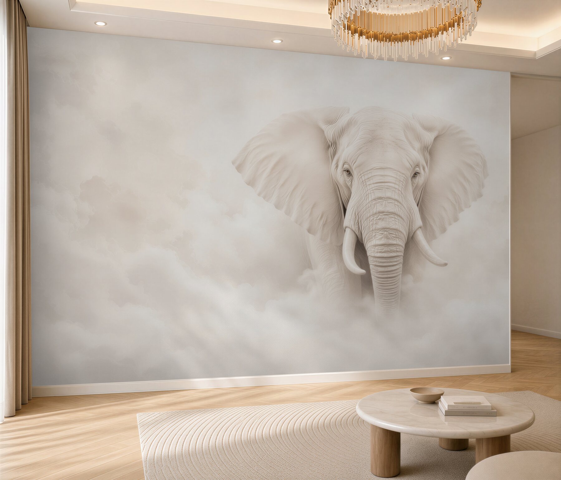 Papier peint éléphant blanc dans les nuages élégance subtile pour le salon