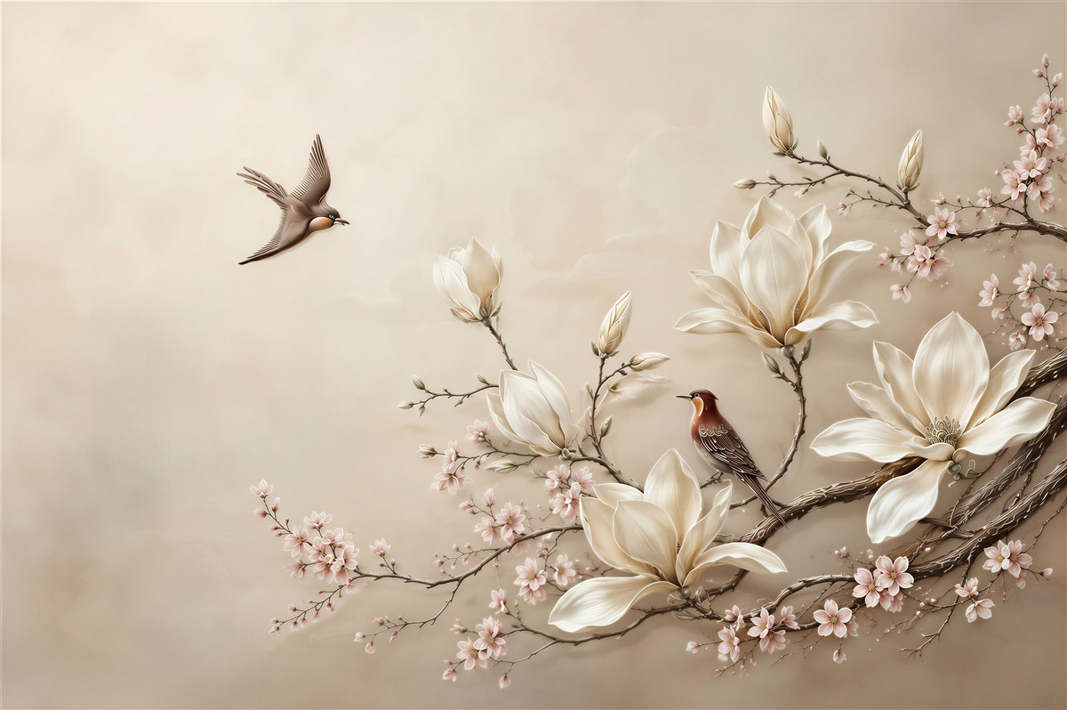 Papier peint magnolias et branches fleuries avec des oiseaux en pastels beiges