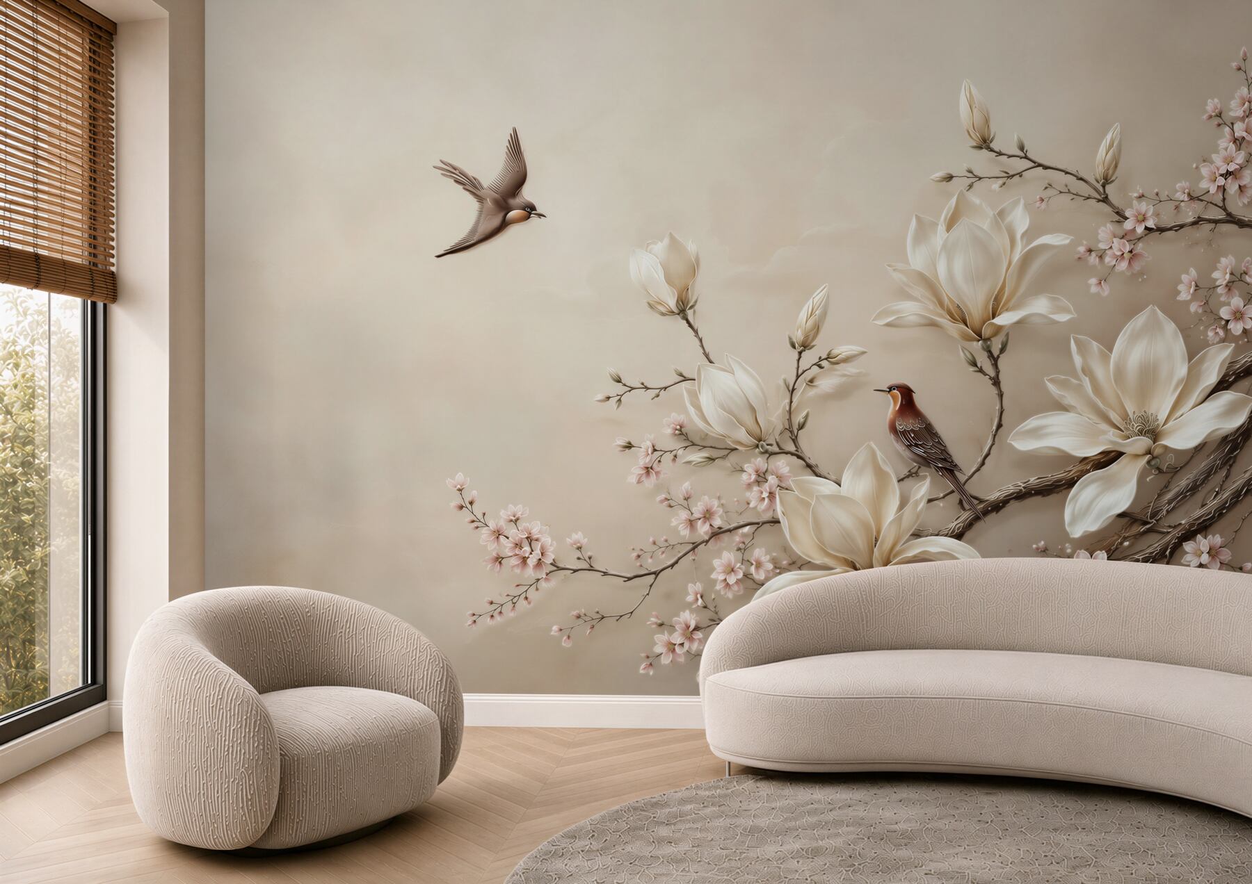 Papier peint magnolias et branches fleuries avec des oiseaux en pastels beiges