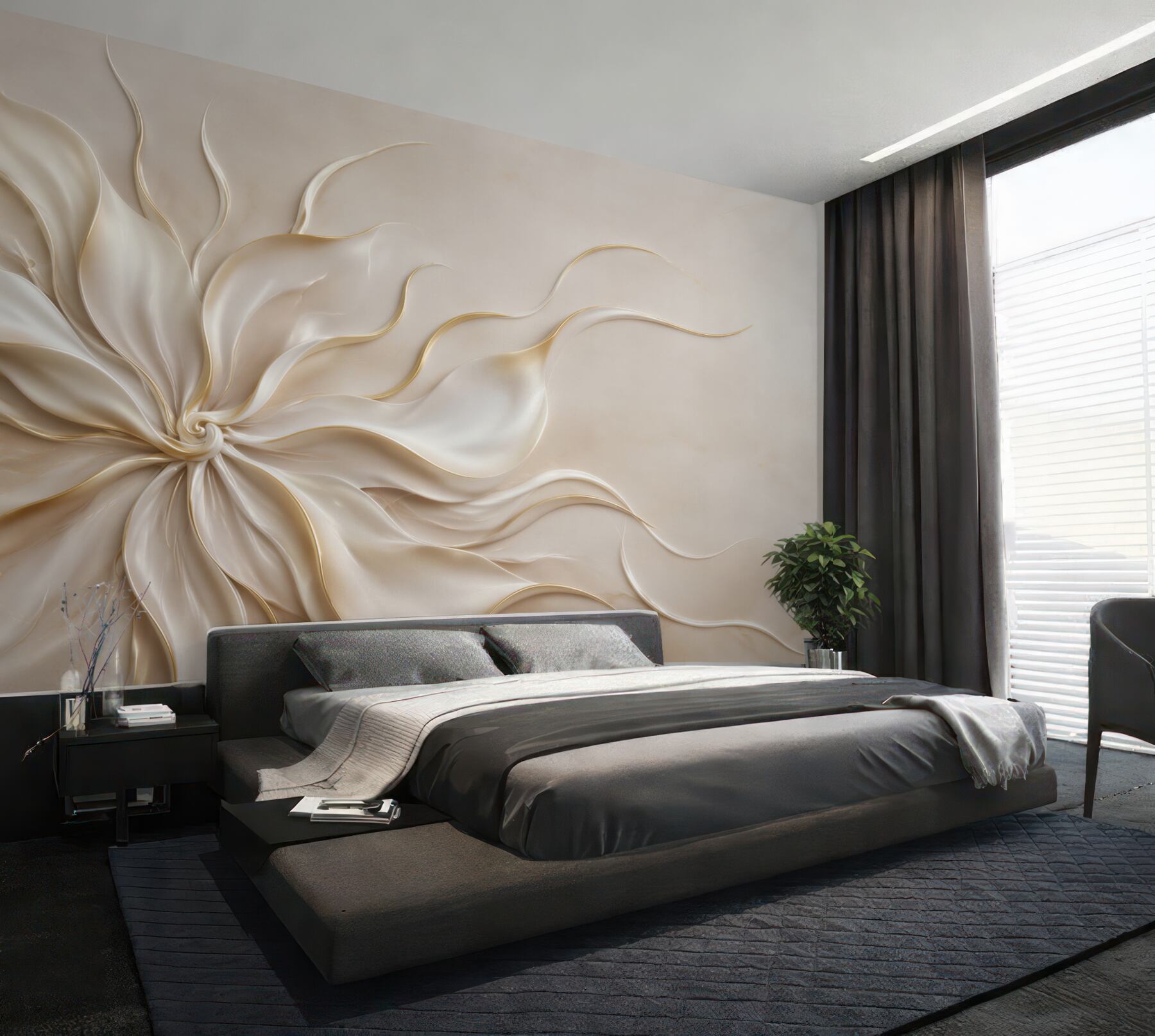 Papier peint fleur abstraite 3D beige et doré élégant pour le salon