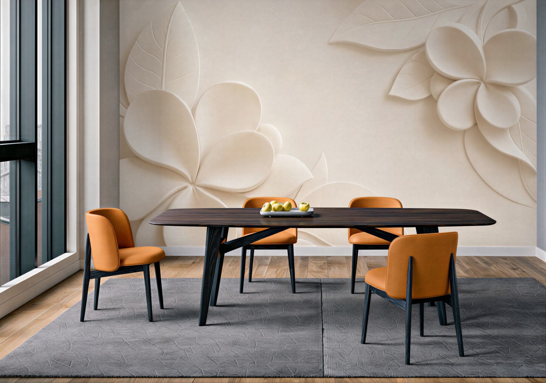 Papier peint fleurs et feuilles 3D crème minimalistes pour la chambre