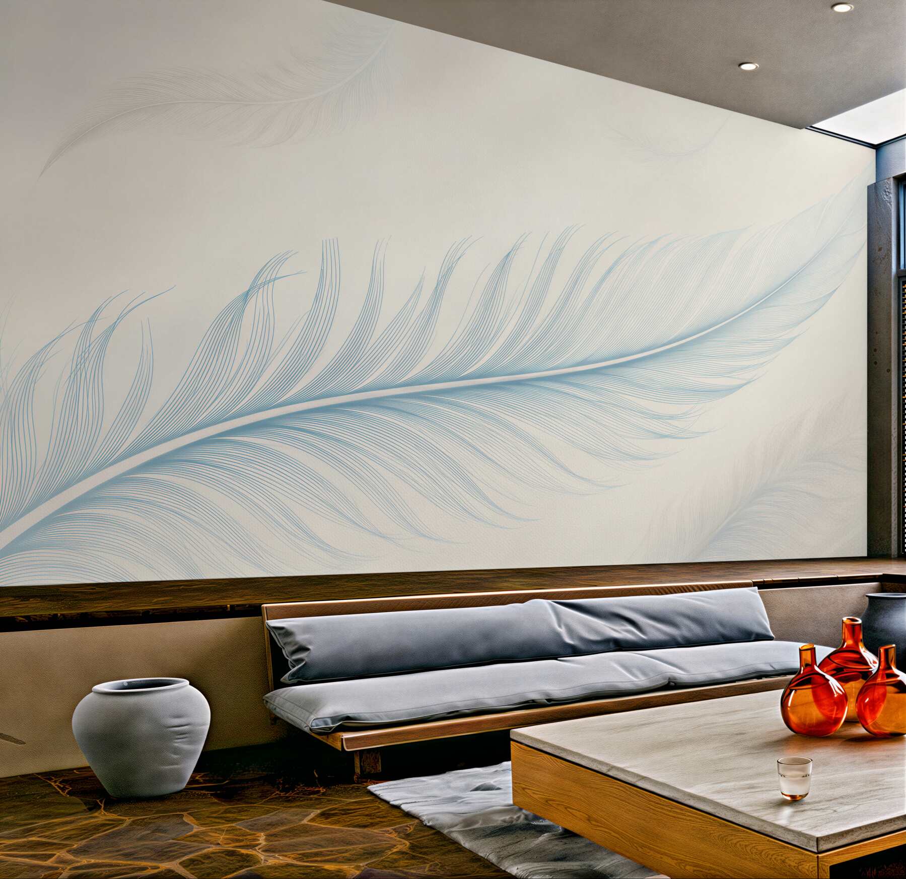 Papier peint plume bleue sur un fond clair subtile pour la chambre
