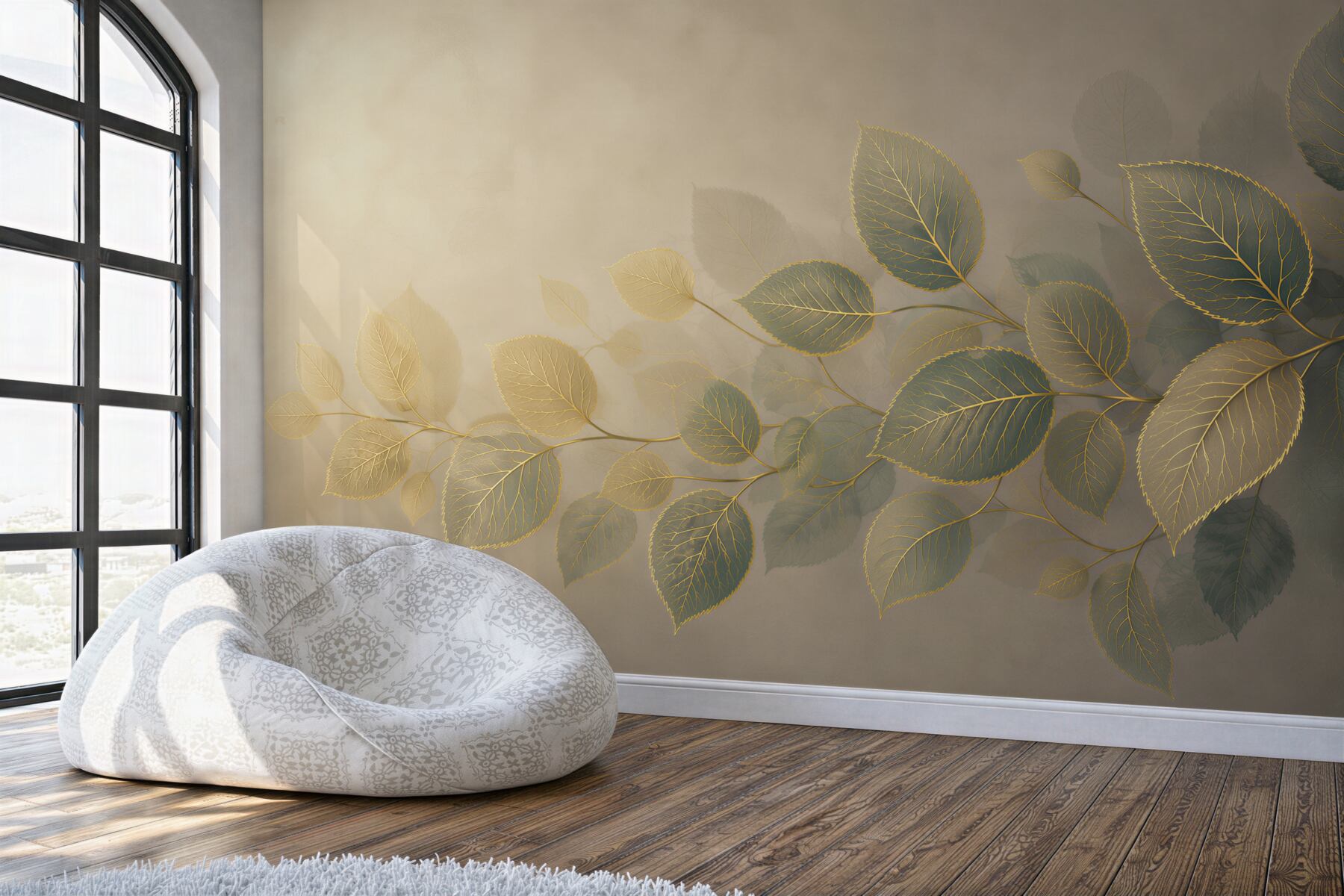 Papier peint feuilles dorées sur fond beige élégantes pour le salon