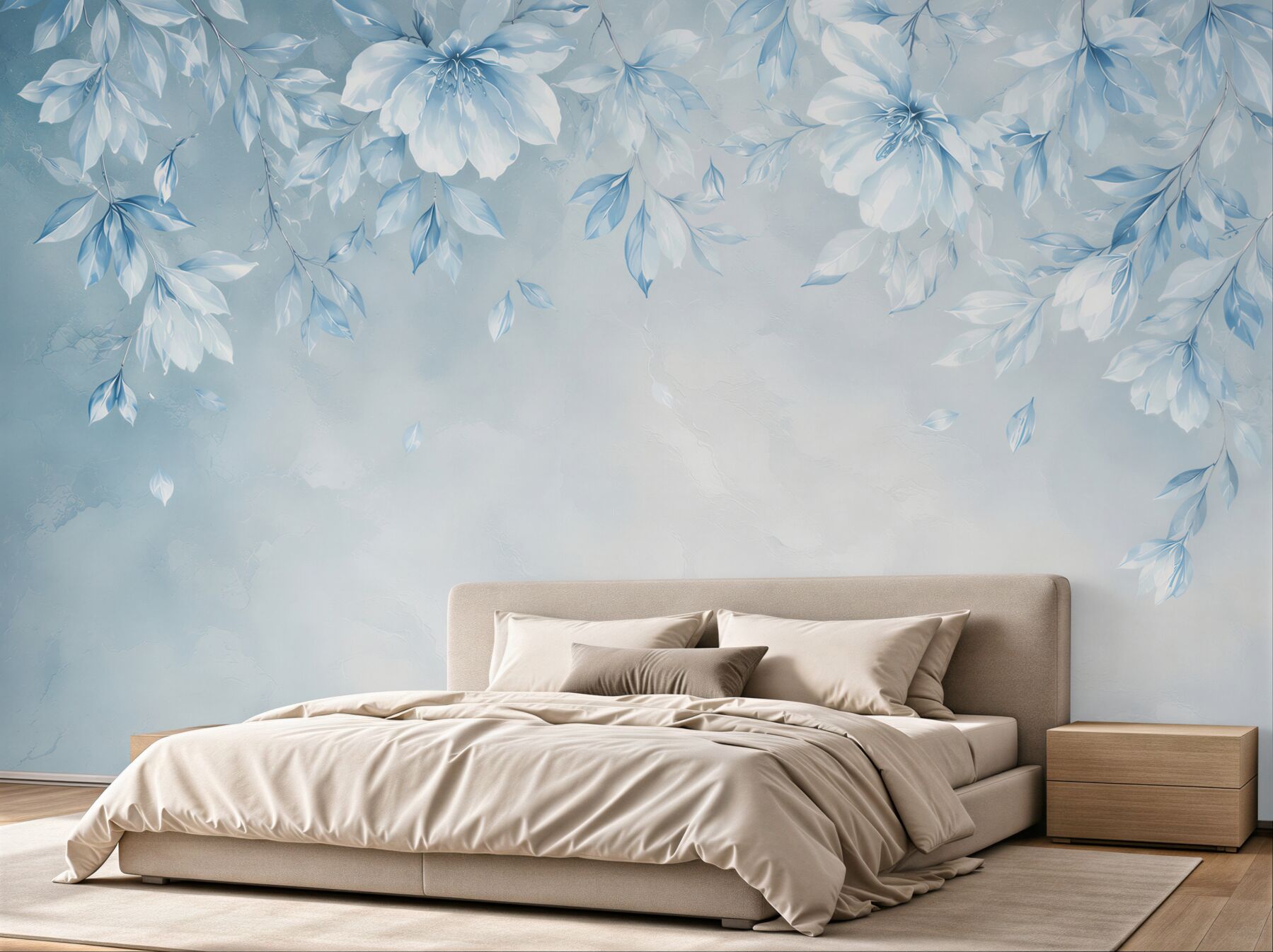 Papier peint fleurs et feuilles bleues délicates pour une chambre romantique