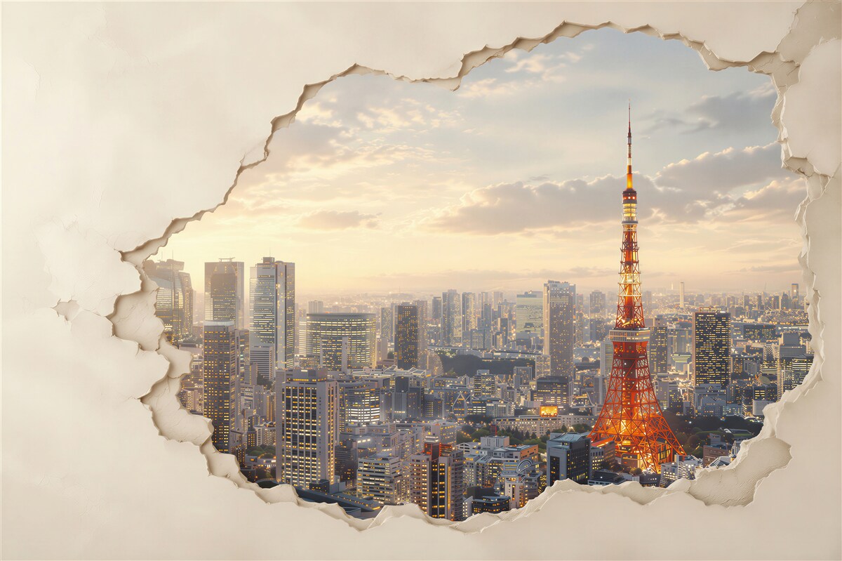 Papier peint panorama de Tokyo avec tour effet de mur craqué