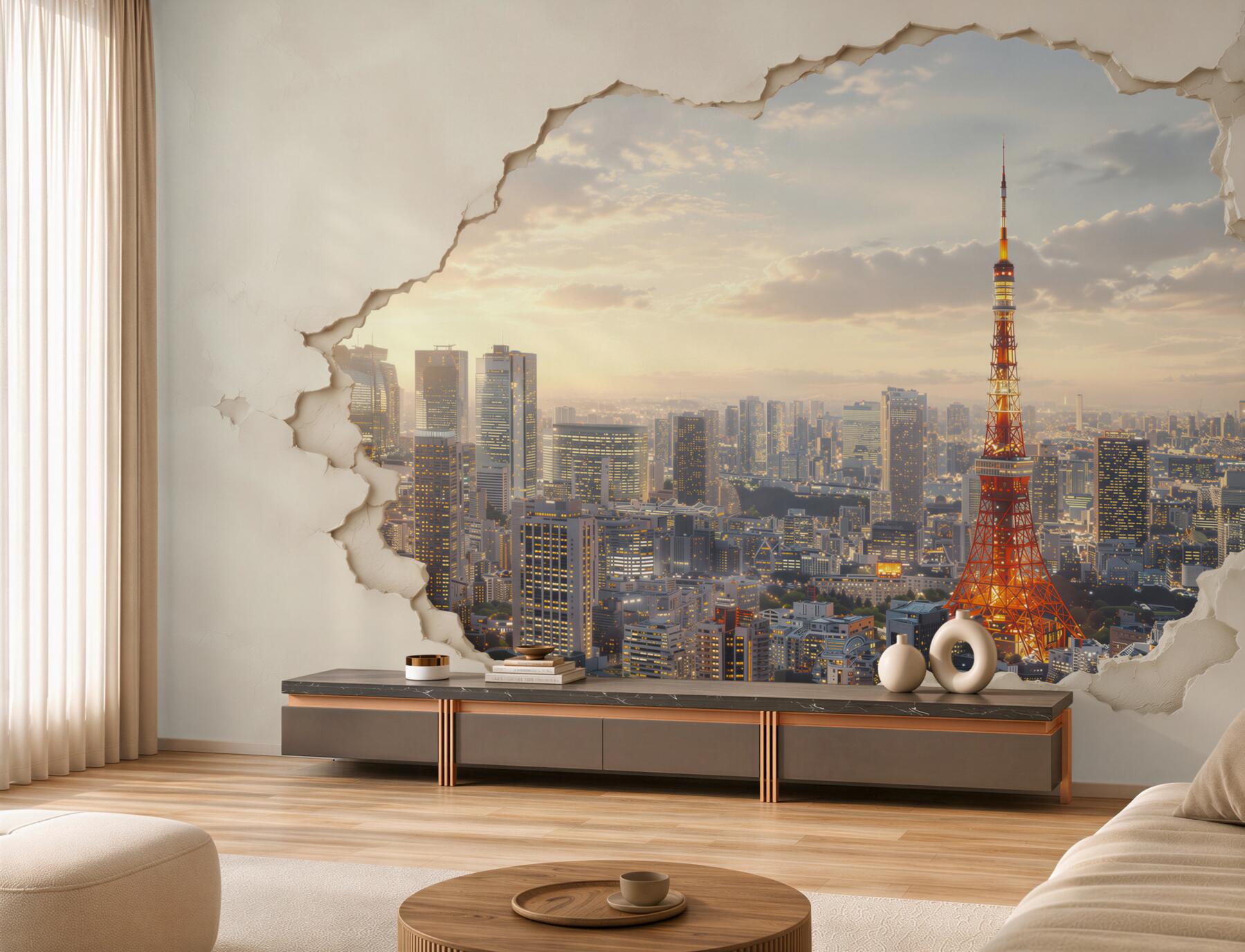 Papier peint panorama de Tokyo avec tour effet de mur craqué