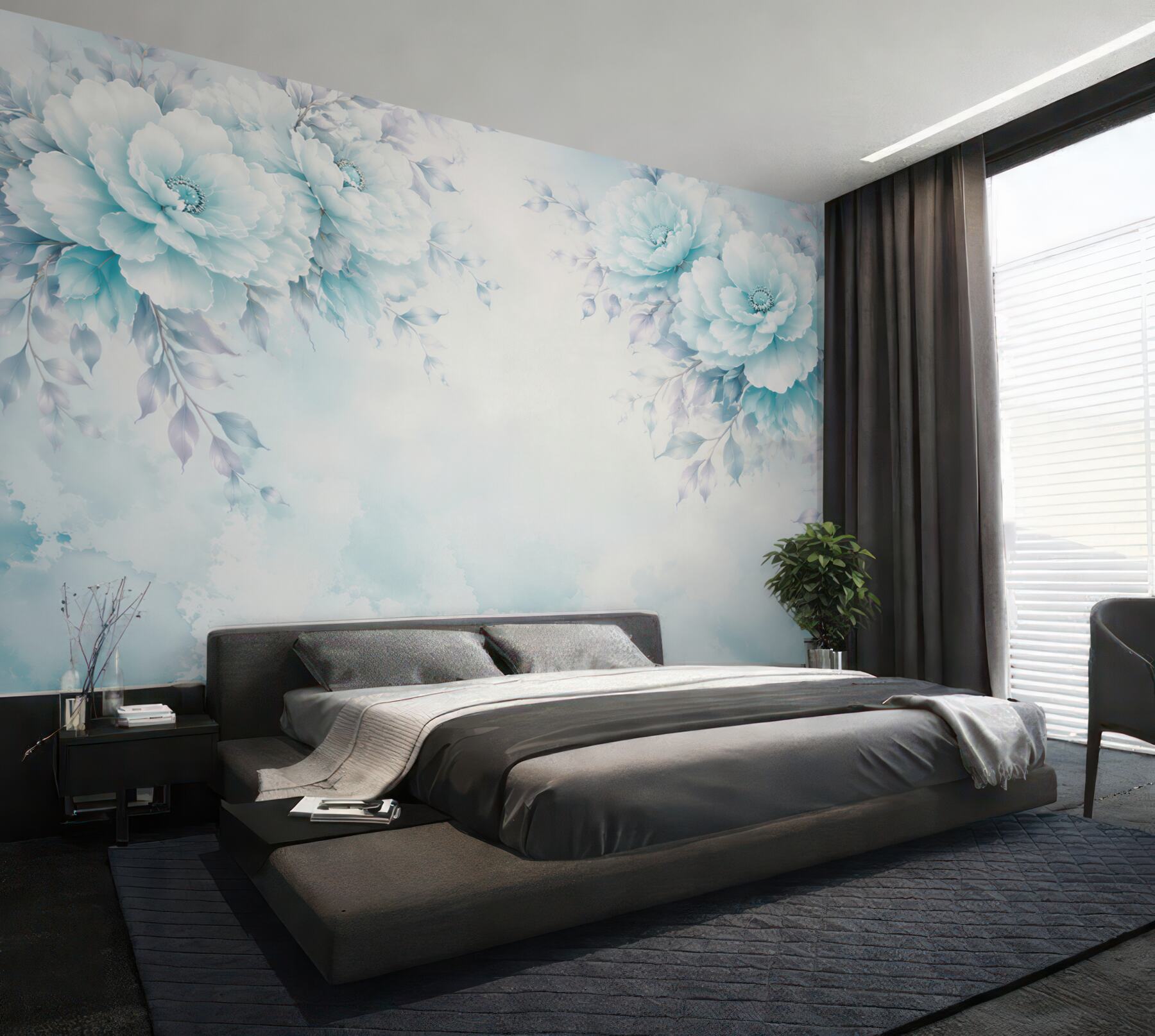 Papier peint fleurs bleues de pivoine aquarelle délicates pour la chambre