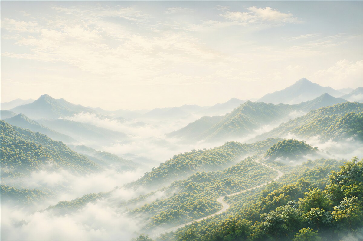 Papier peint montagnes dans le brouillard avec une route sinueuse paysage paisible