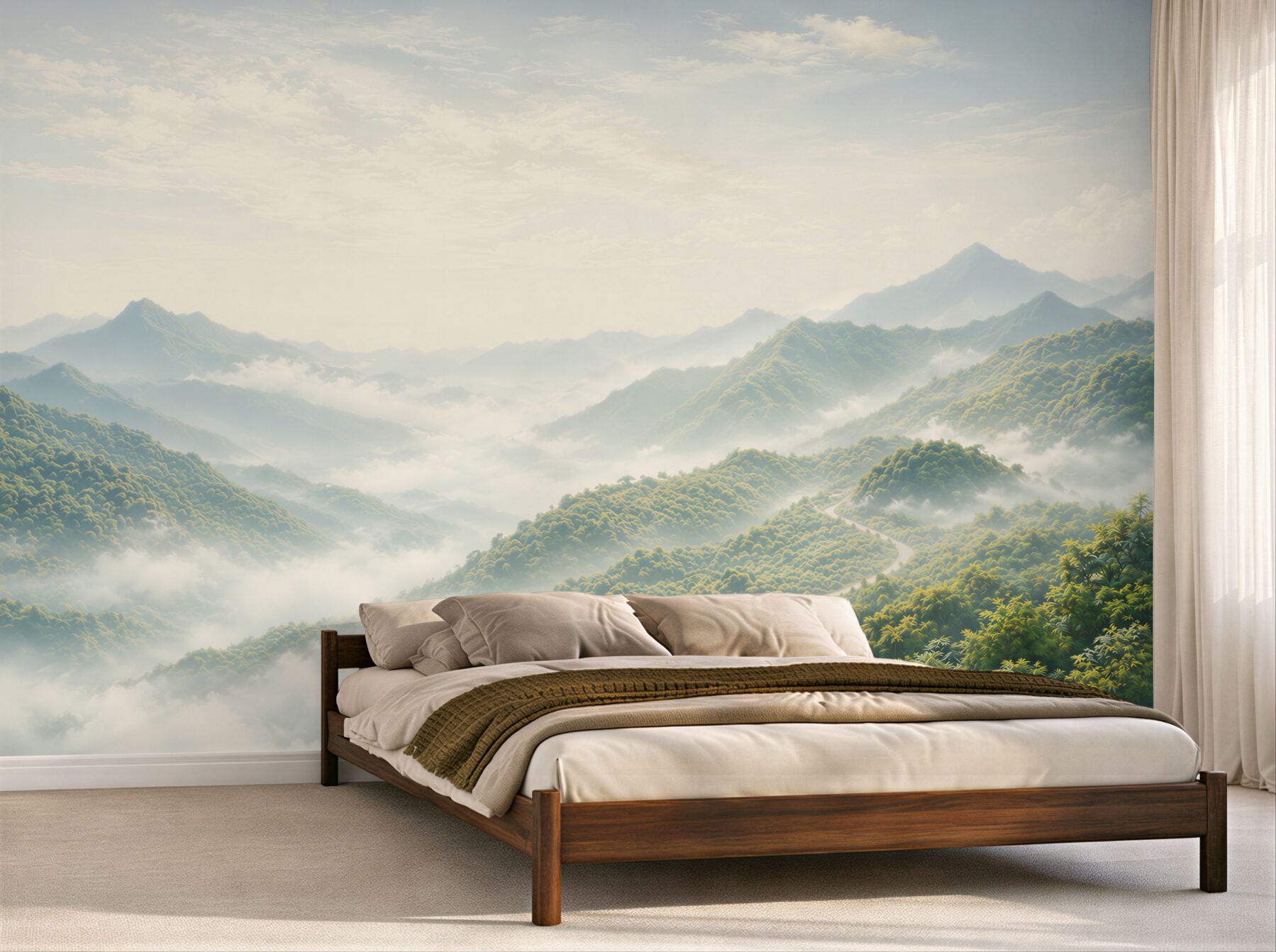 Papier peint montagnes dans le brouillard avec une route sinueuse paysage paisible
