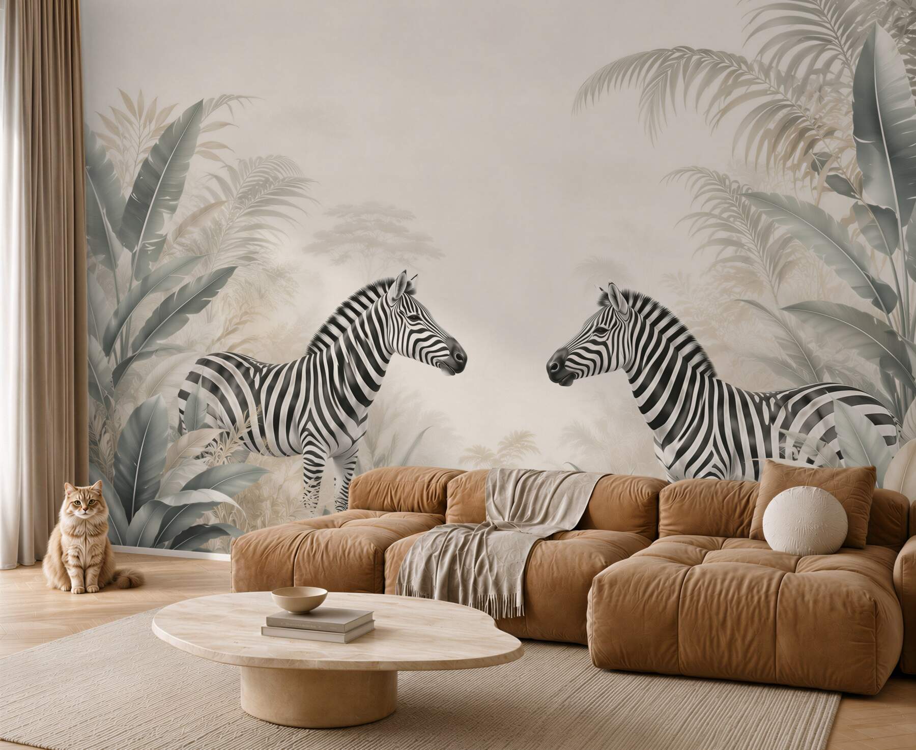 Papier peint zèbres dans des feuilles tropicales beige et grises safari