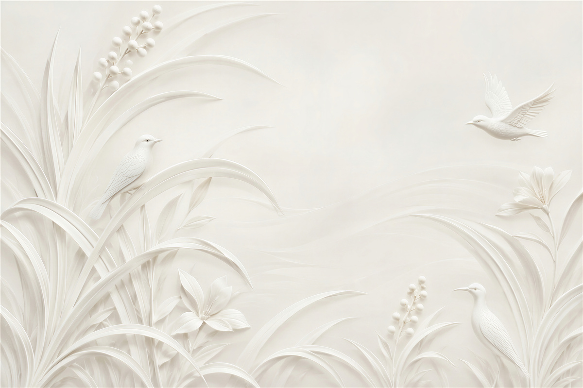 Papier peint oiseaux blancs et fleurs spatiales sur fond crème élégant