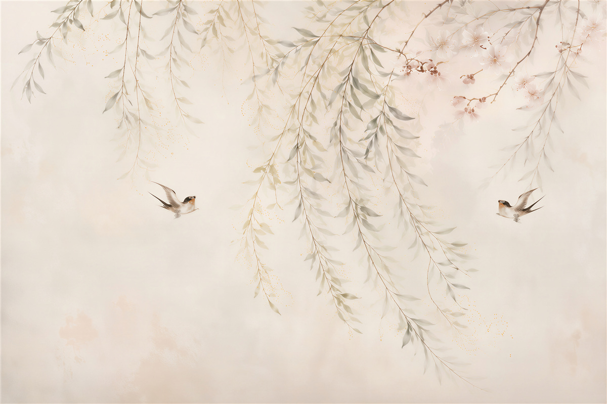 Papier peint délicates branches avec des oiseaux beige subtil pour la chambre
