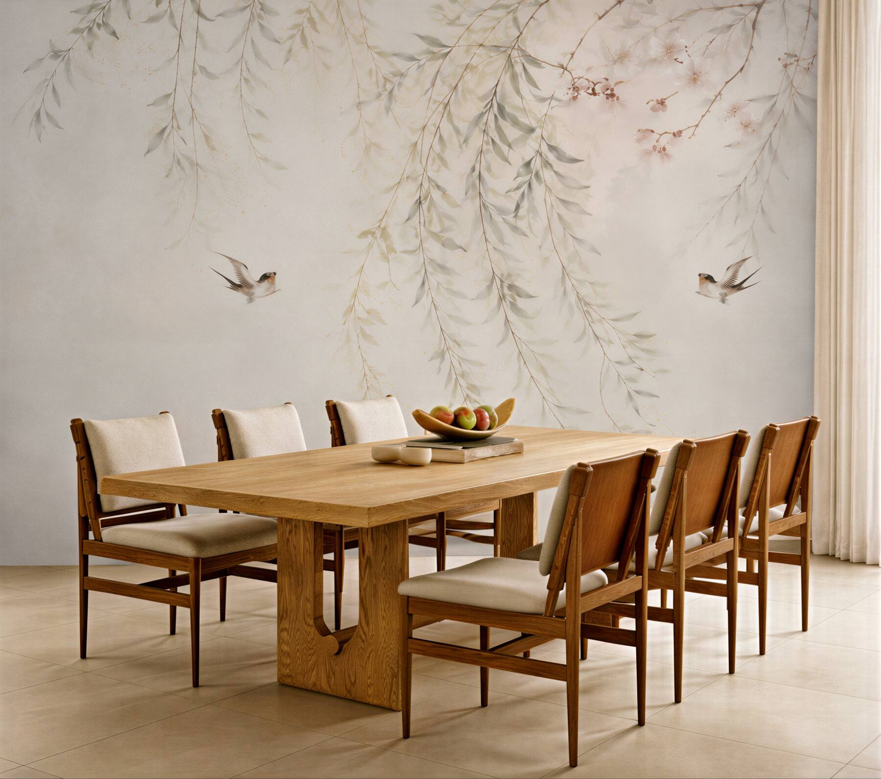 Papier peint délicates branches avec des oiseaux beige subtil pour la chambre
