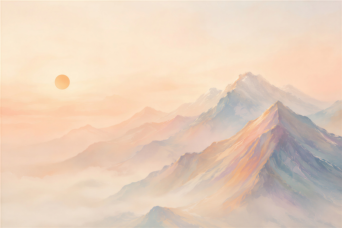 Papier peint montagnes pastel dans le brouillard au lever du soleil