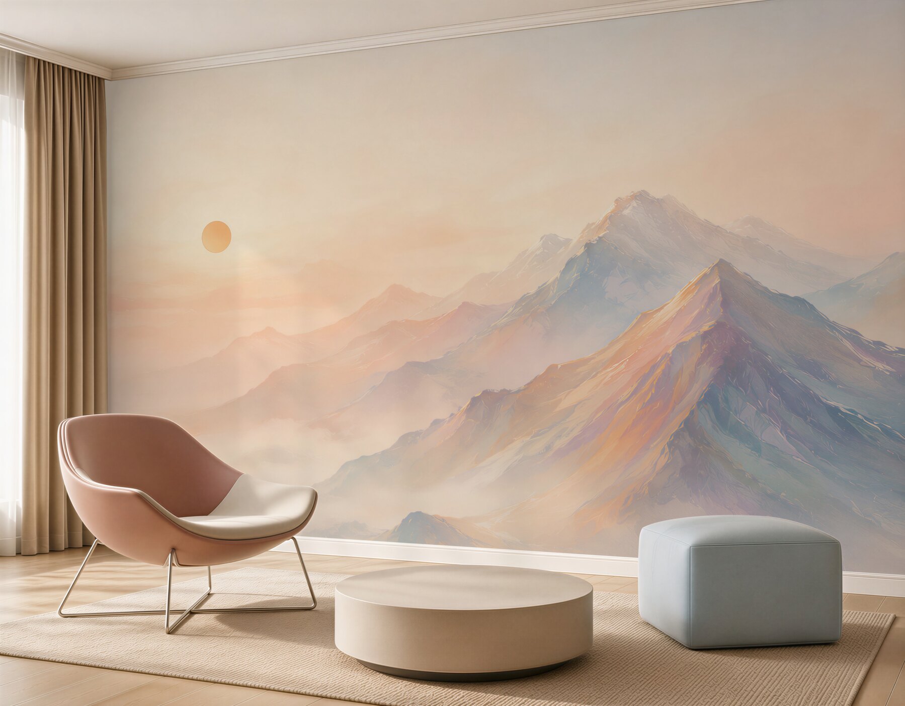 Papier peint montagnes pastel dans le brouillard au lever du soleil