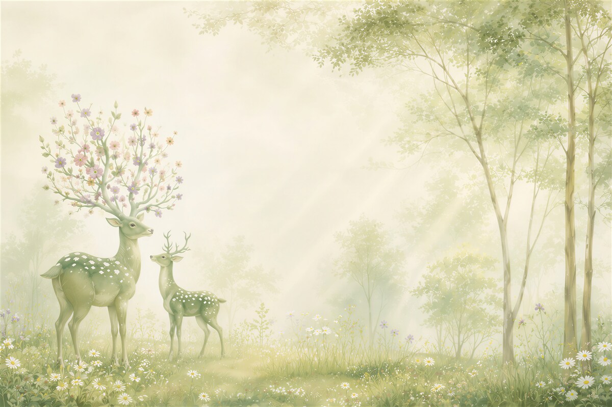 Papier peint faons dans une forêt féerique pastel pour enfants