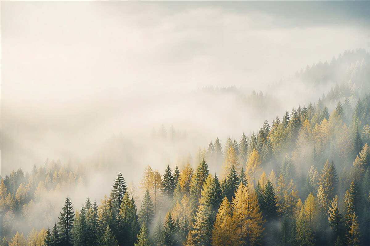 Papier peint forêt d'automne dans le brouillard avec des rayons de soleil