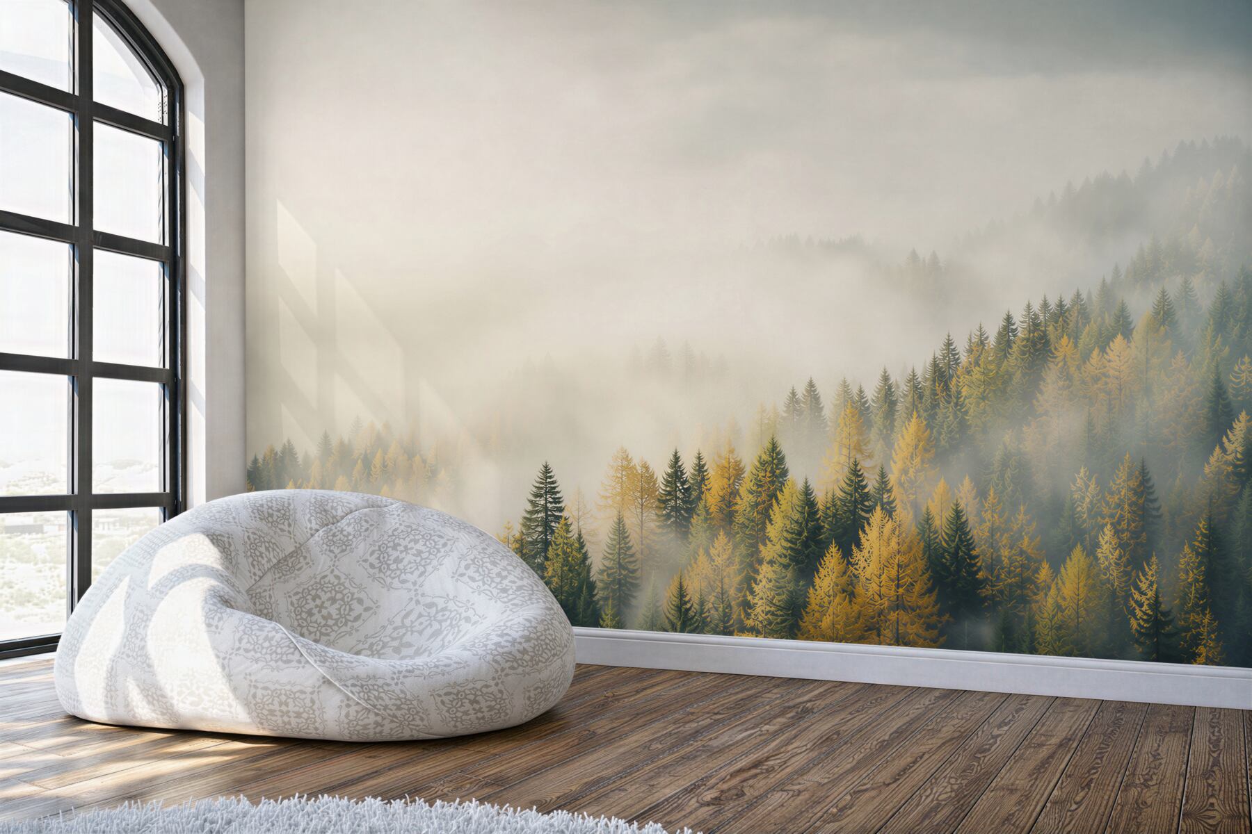 Papier peint forêt d'automne dans le brouillard avec des rayons de soleil
