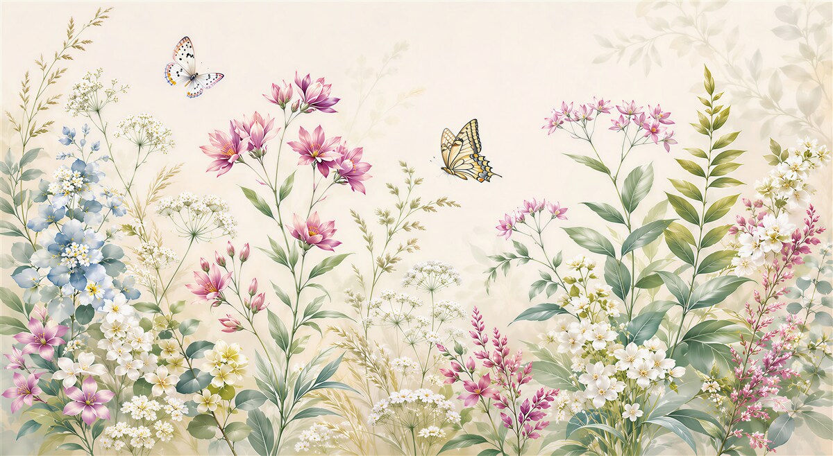 Papier peint prairie florale avec des papillons pastel romantique