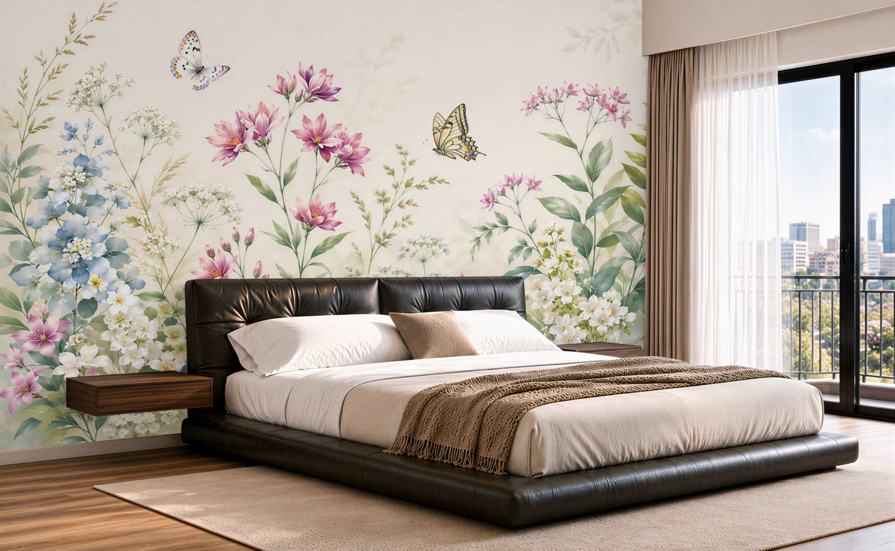 Papier peint prairie florale avec des papillons pastel romantique