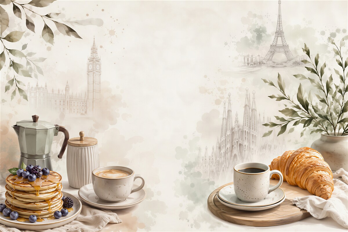 Papier peint café parisien avec croissant et café dans des tons beiges