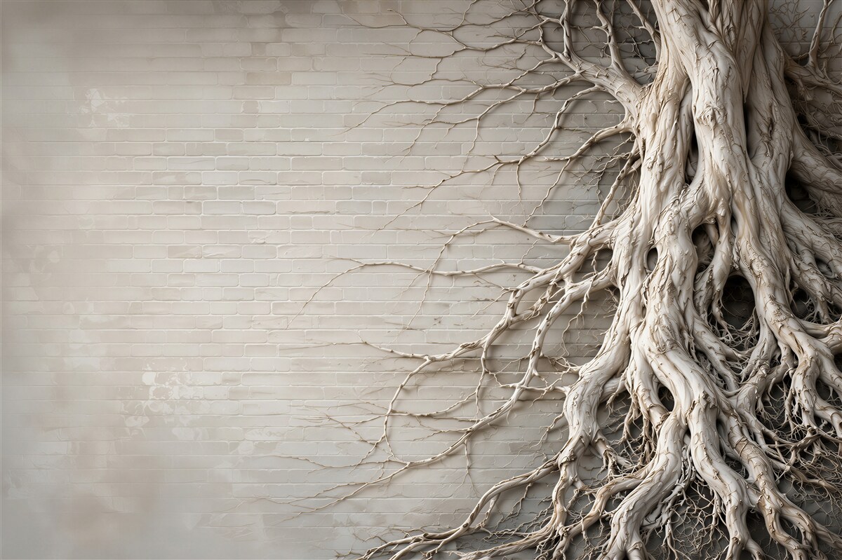 Papier peint racines d'arbre sur brique claire style naturel en 3D