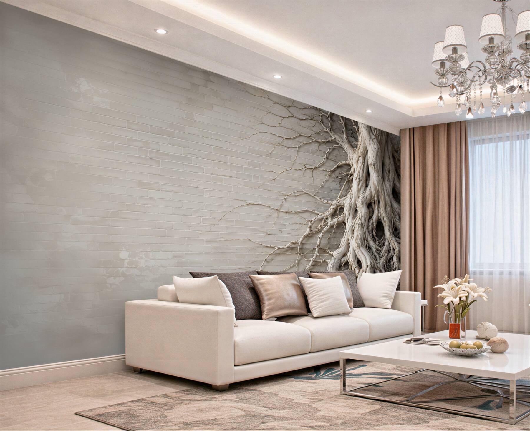 Papier peint racines d'arbre sur brique claire style naturel en 3D