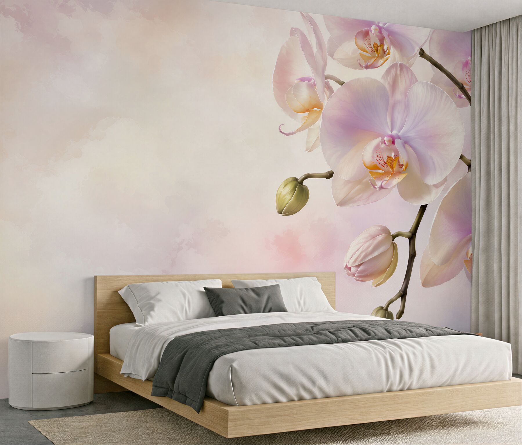 Papier peint orchidées roses sur fond clair romantiques pour la chambre