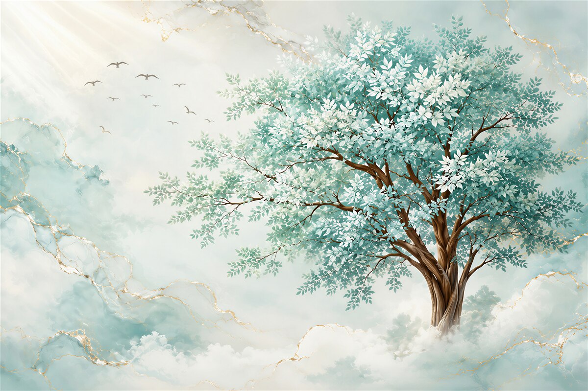 Papier peint arbre dans les nuages turquoise et or élégant