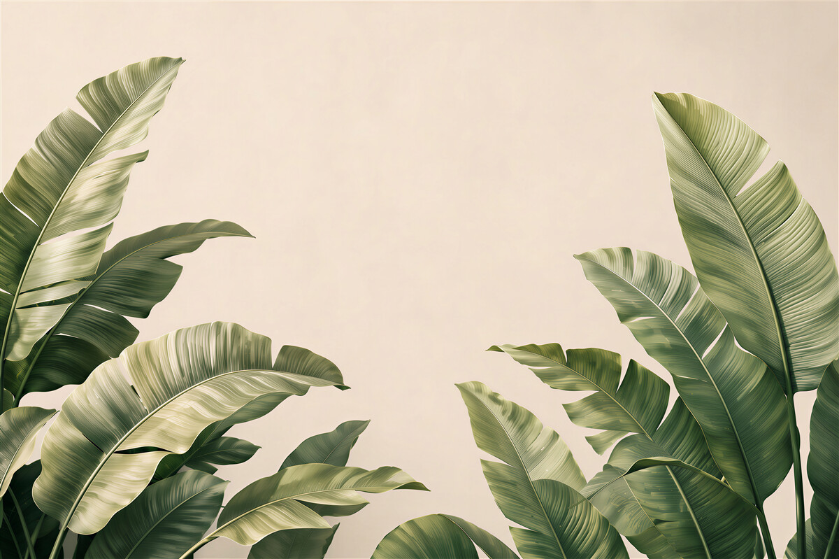 Papier peint feuilles de bananier vertes sur fond beige tropical