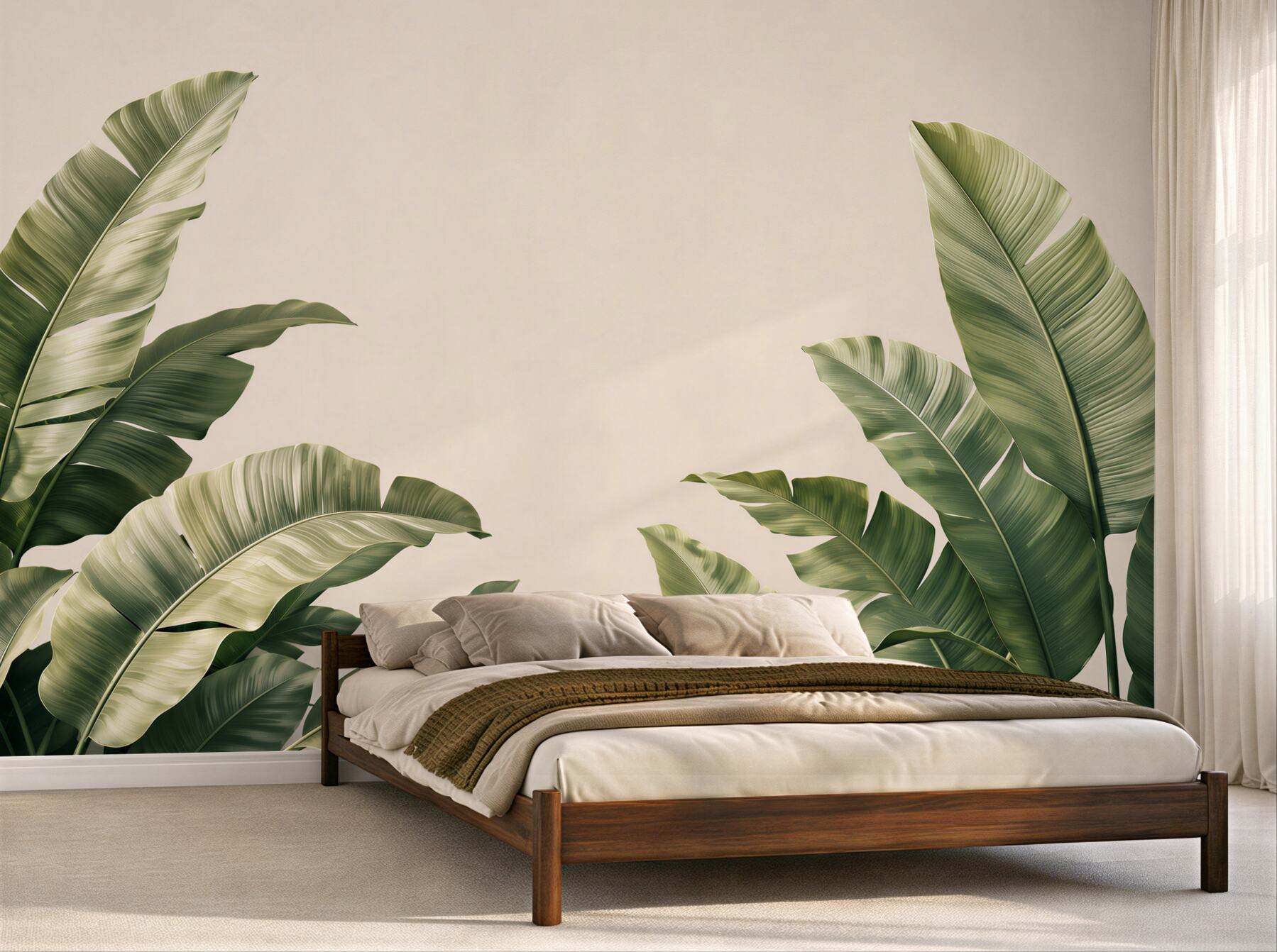 Papier peint feuilles de bananier vertes sur fond beige tropical