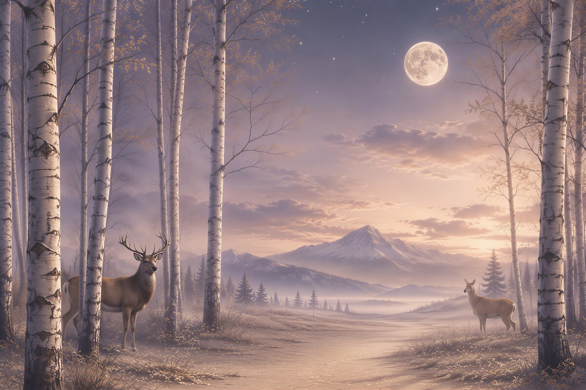 Papier peint forêt de bouleaux avec des cerfs et des montagnes au clair de lune