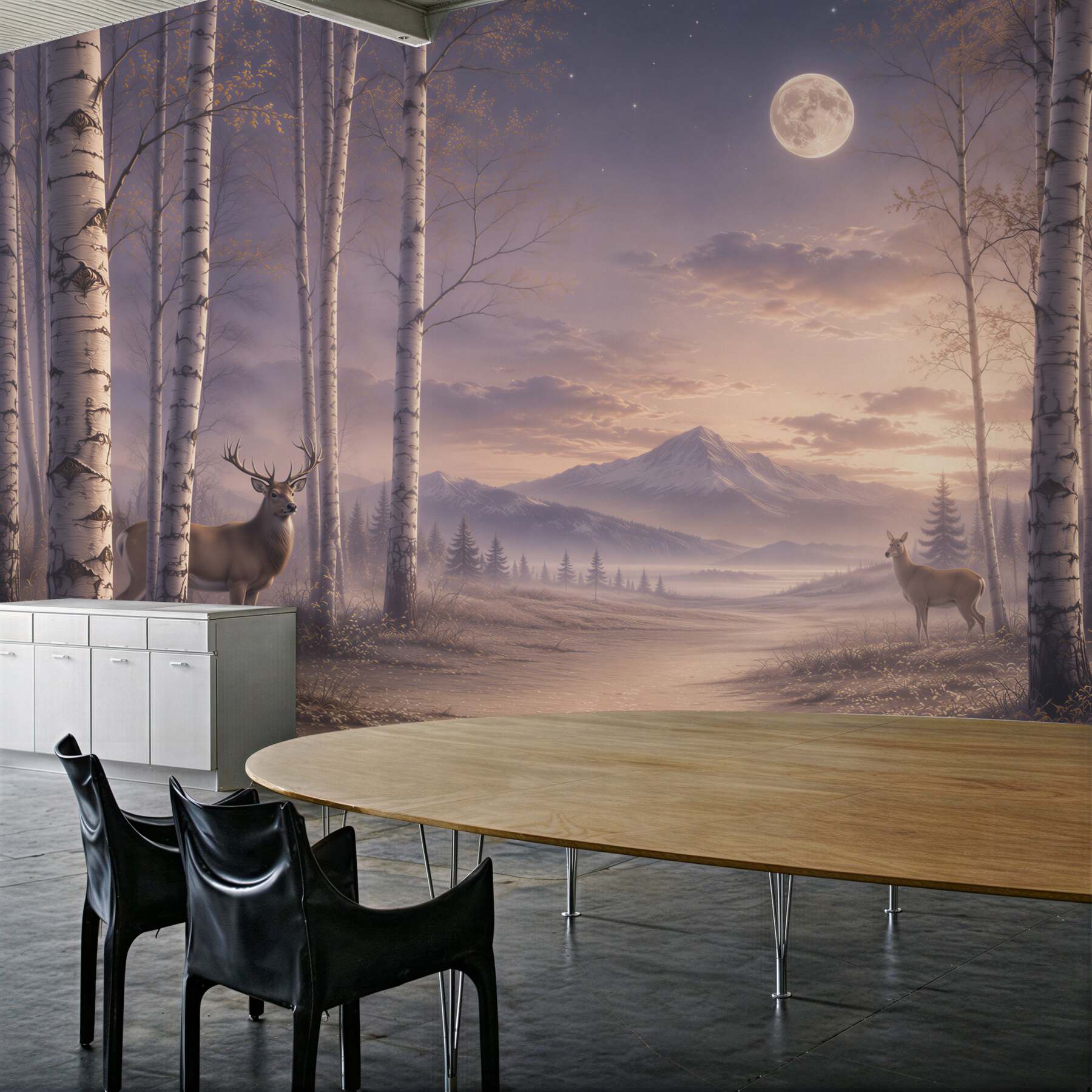 Papier peint forêt de bouleaux avec des cerfs et des montagnes au clair de lune