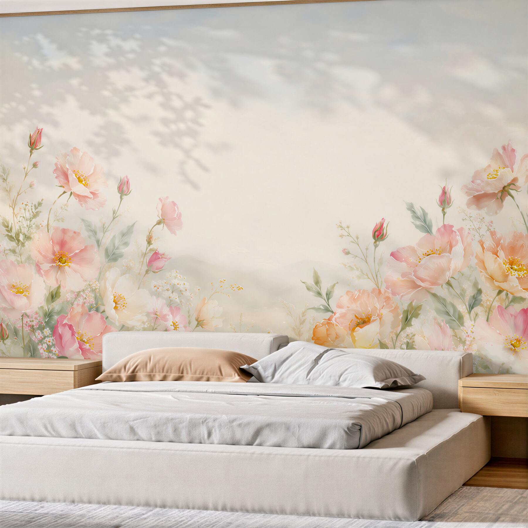 Papier peint fleurs pastel pivoines et papaver sur fond clair pour la chambre