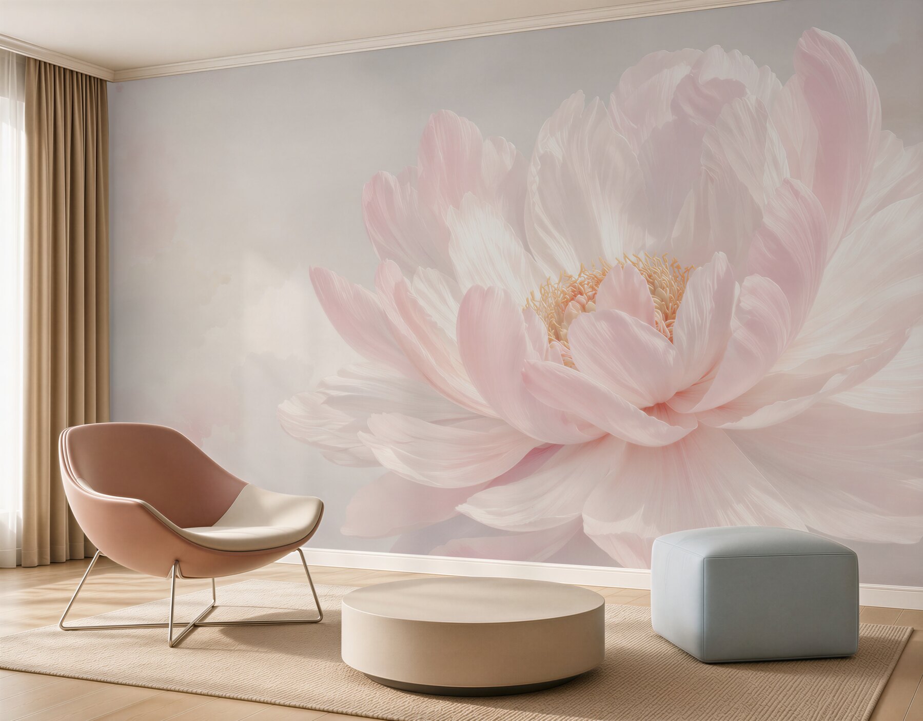 Papier peint fleur de pivoine rose poudré sur fond clair élégante et subtile