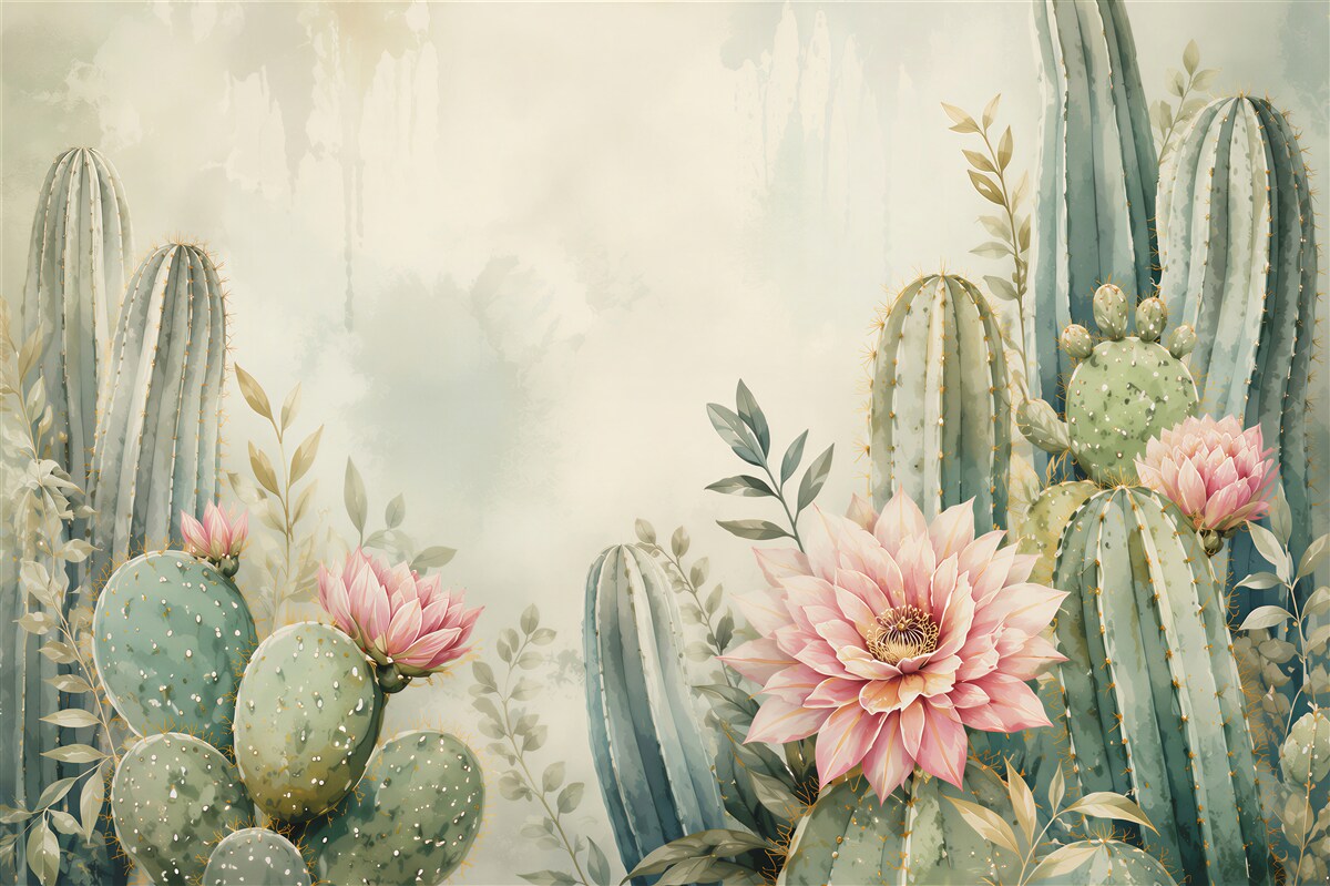 Papier peint cactus avec fleurs roses composition désert pastel