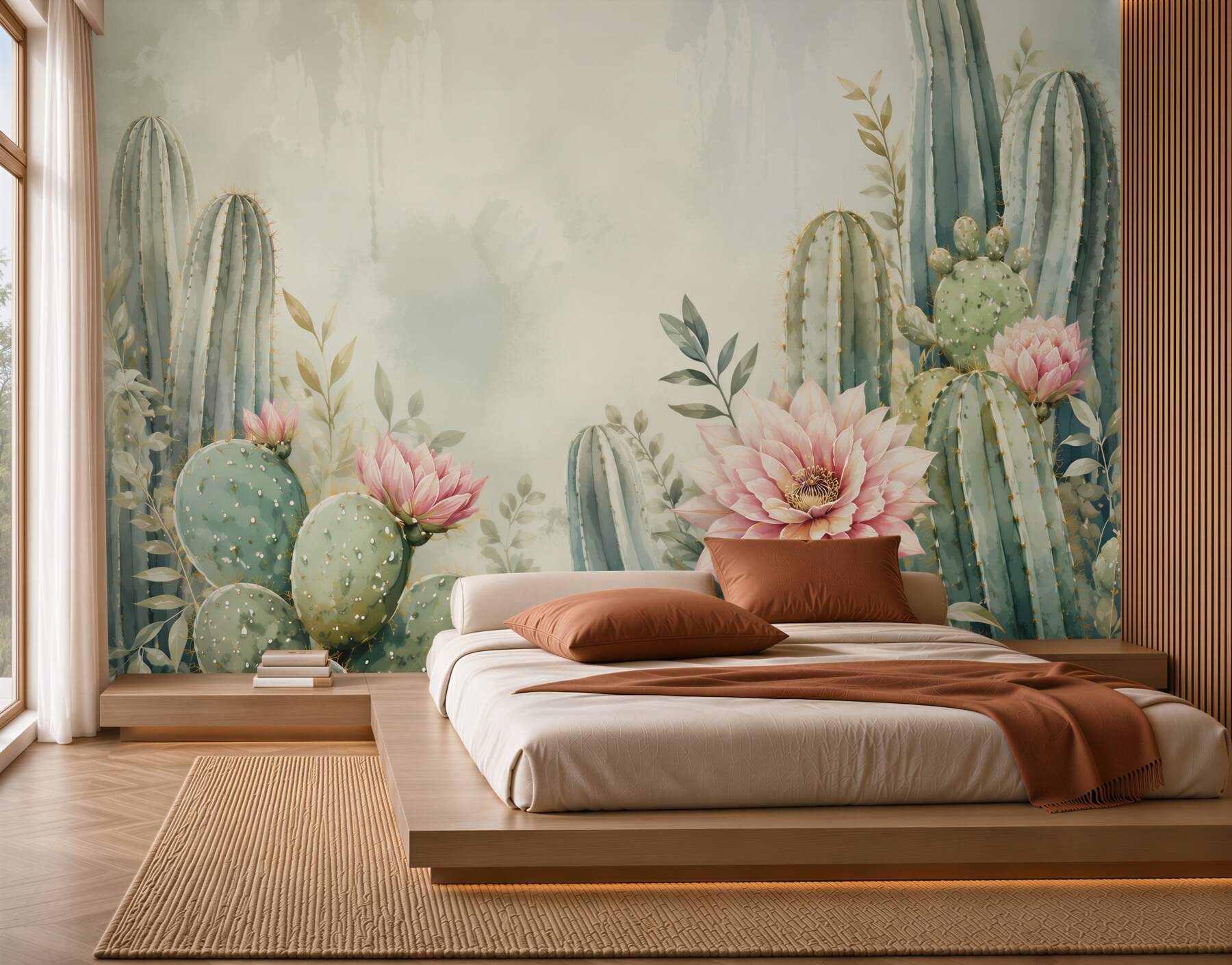 Papier peint cactus avec fleurs roses composition désert pastel