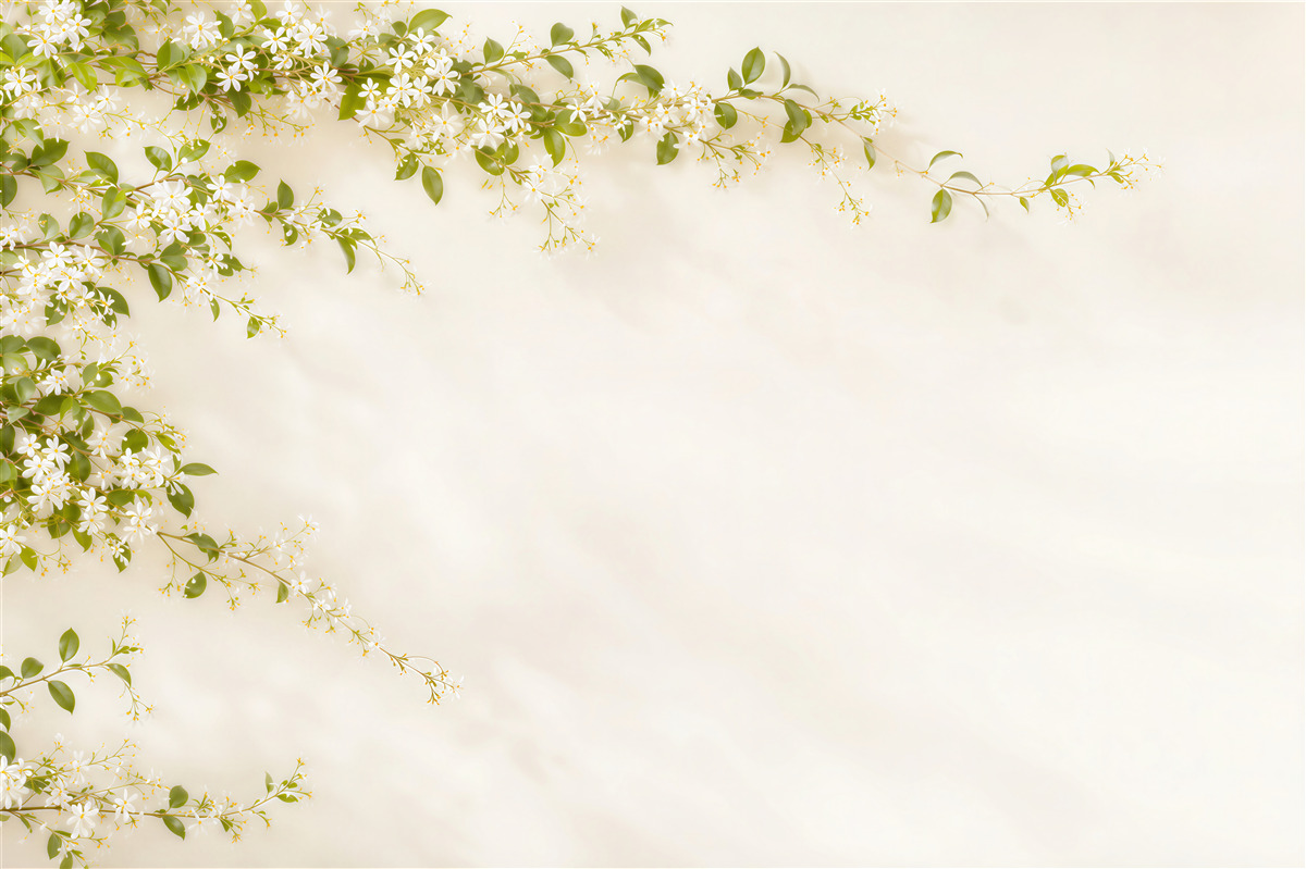 Papier peint fleurs blanches et branches vertes sur fond beige